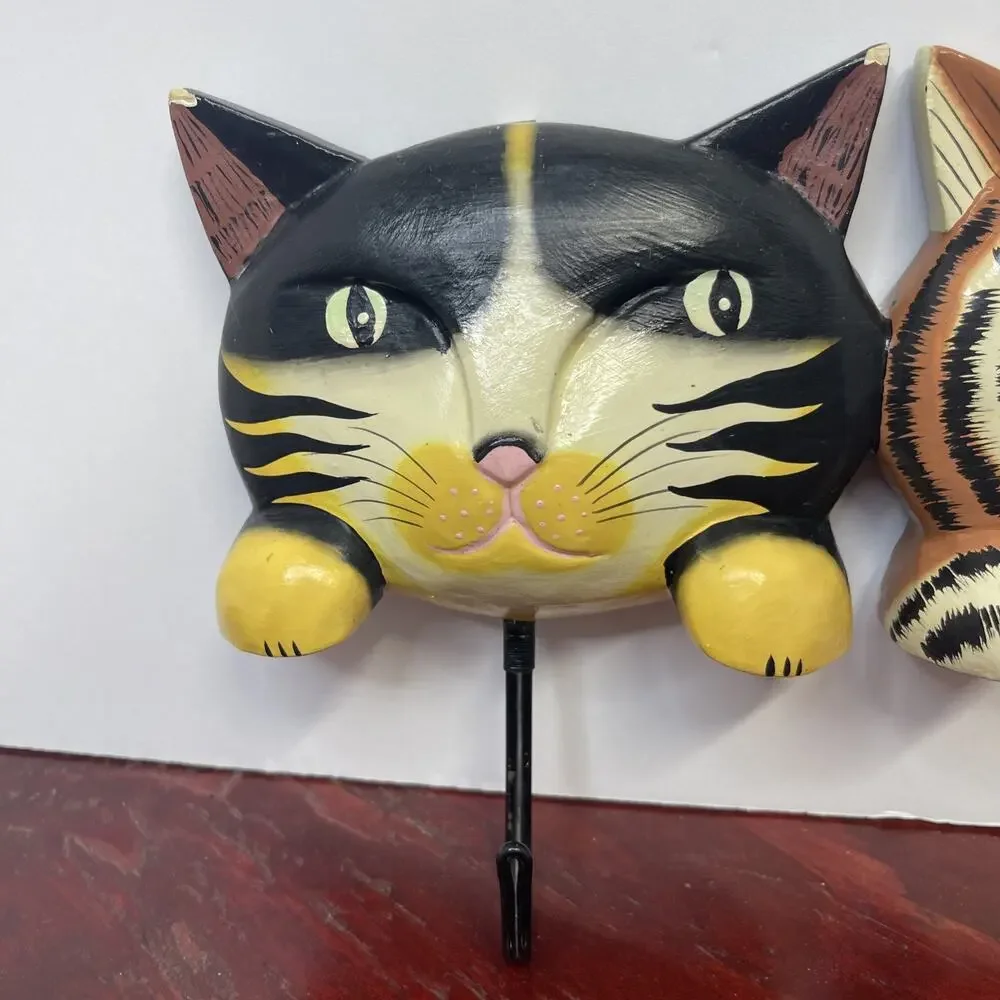 Vintage Wood, Three Cat Coat Hanger Wall Hanger Painted